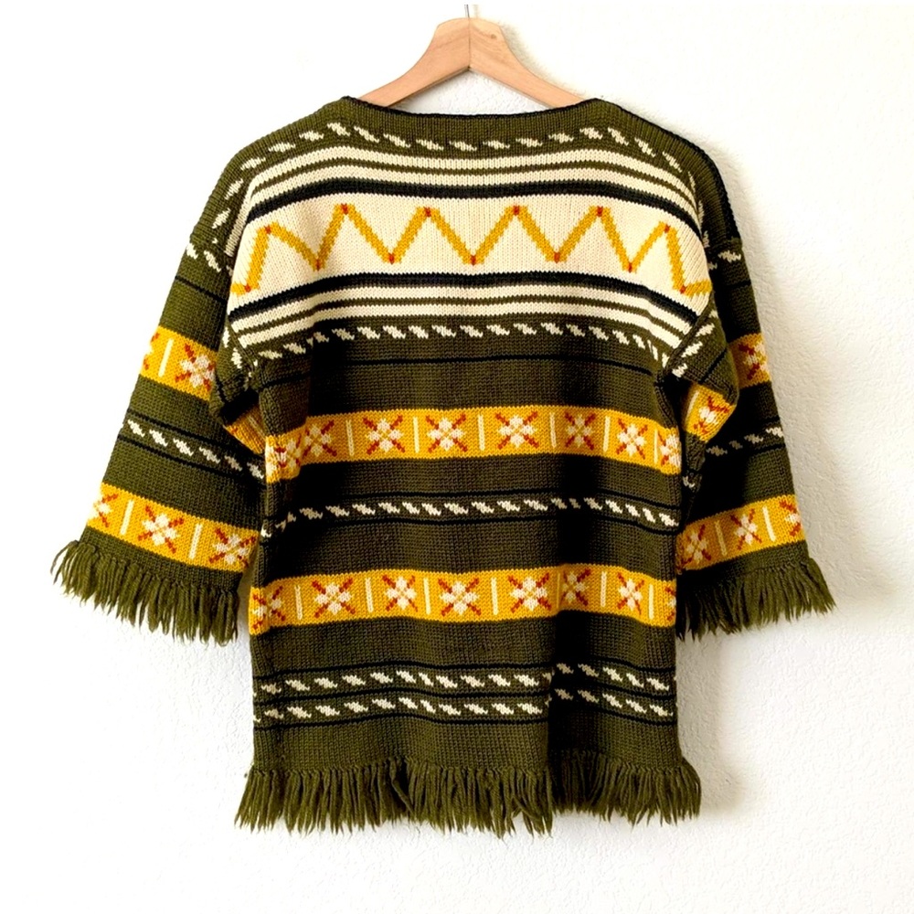 Vintage Handmade in Norway Knit Sweater Fringe Fair Isle 60s 70s Green Medium